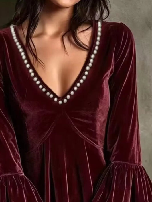 Velvet Bell-Sleeve Mini Dress with Pearl-Embellished V-Neck The Nichole Collection