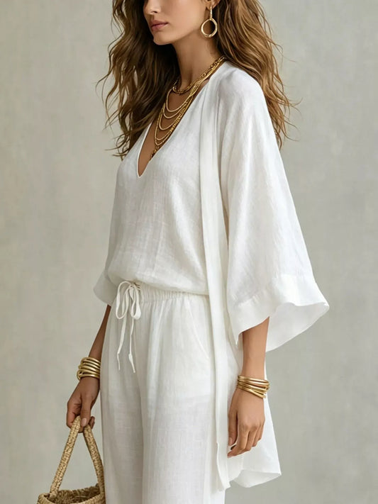 V-Neck Tank, Cardigan & Drawstring Pants Three-Piece Set | The Nichole Collection