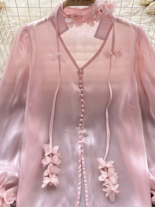 Sheer Floral-Embellished Shirt The Nichole Collection