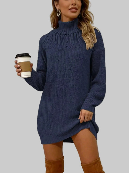 Turtleneck Fringe Detail Sweater Dress | The Nichole Collection