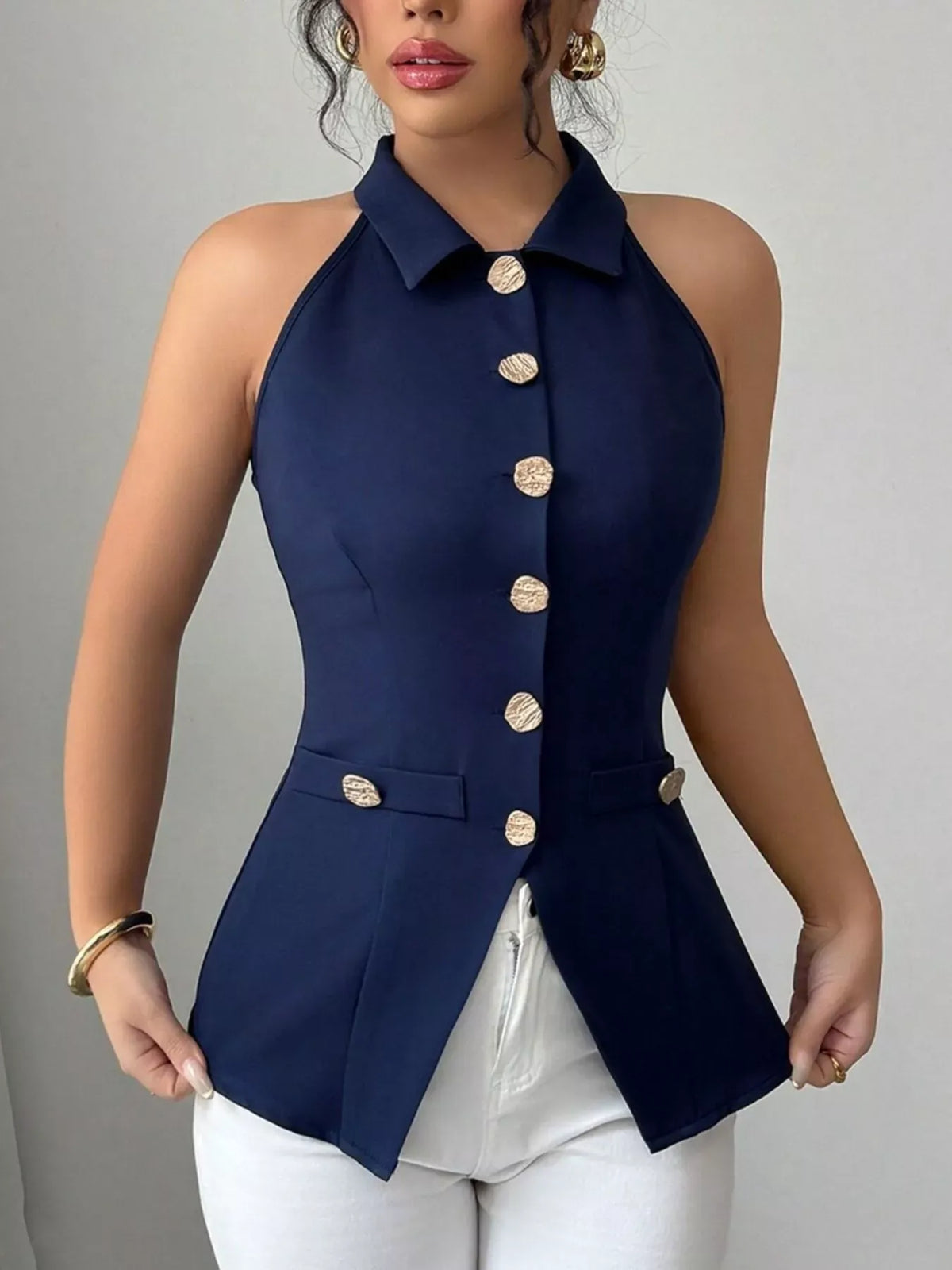 Sleeveless Lapel Collar Button-Down Vest | The Nichole Collection