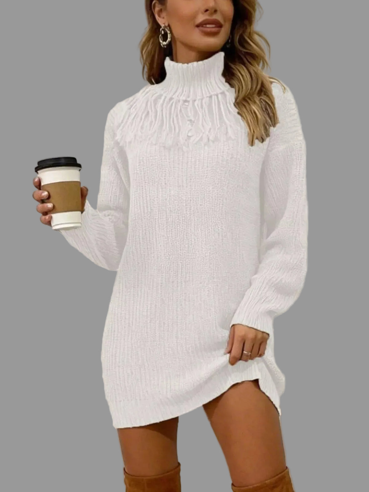 Turtleneck Fringe Detail Sweater Dress | The Nichole Collection