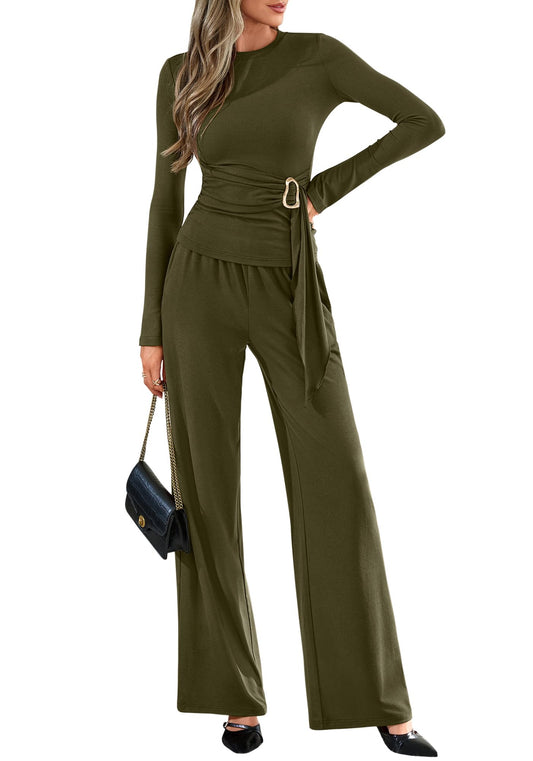 Belted Knit Top and Wide-Leg Pants Set The Nichole Collection