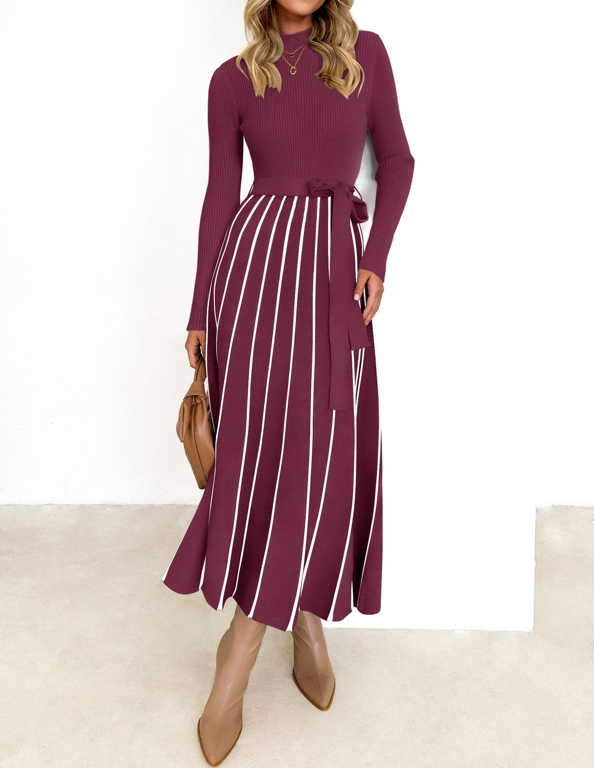 Belted Turtleneck A-Line Sweater Dress The Nichole Collection