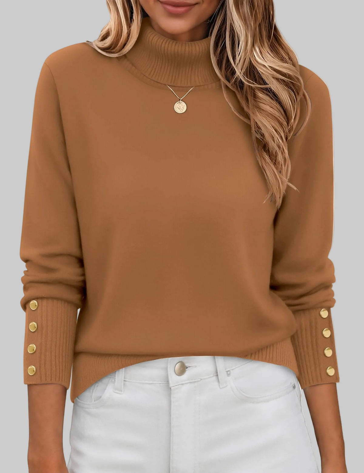 Button-Cuff Turtleneck Sweater The Nichole Collection