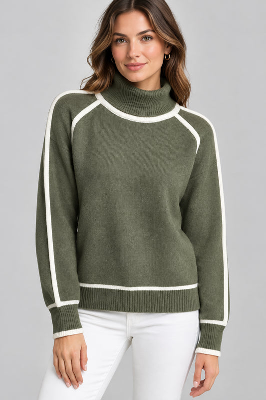 Contrast-Stitch Ribbed-Hem Turtleneck Sweater | The Nichole Collection