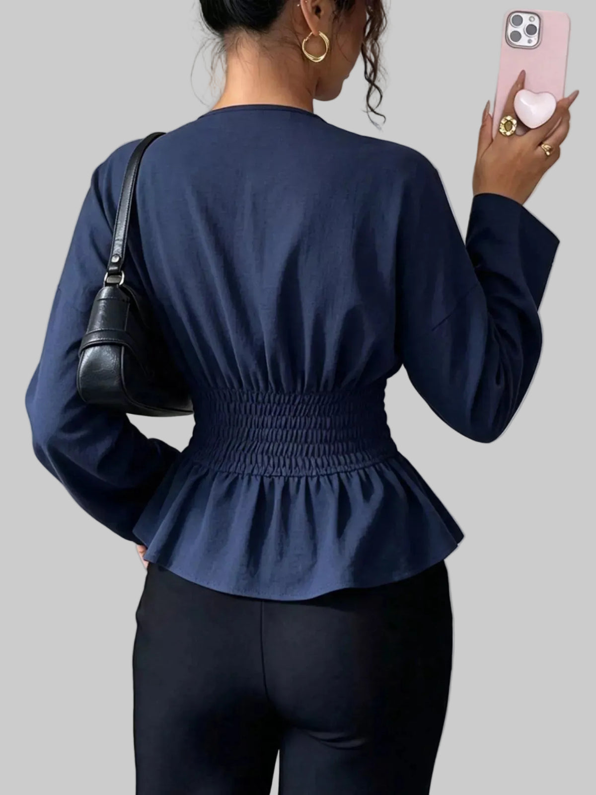 Surplice Long-Sleeve Wrap Blouse - Dark Blue / S