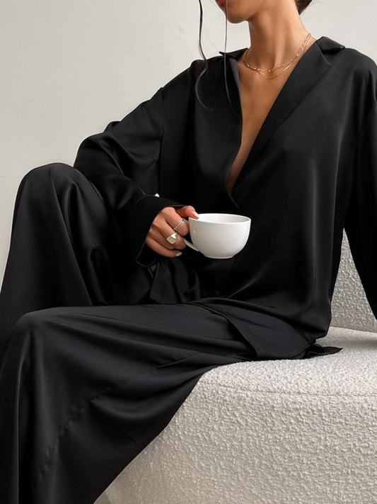 Buttoned Long Sleeve Top & Wide Leg Pants Lounge Set | The Nichole Collection