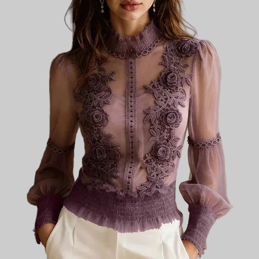 Floral Lace High-Neck Ruffle Blouse | The Nichole Collection