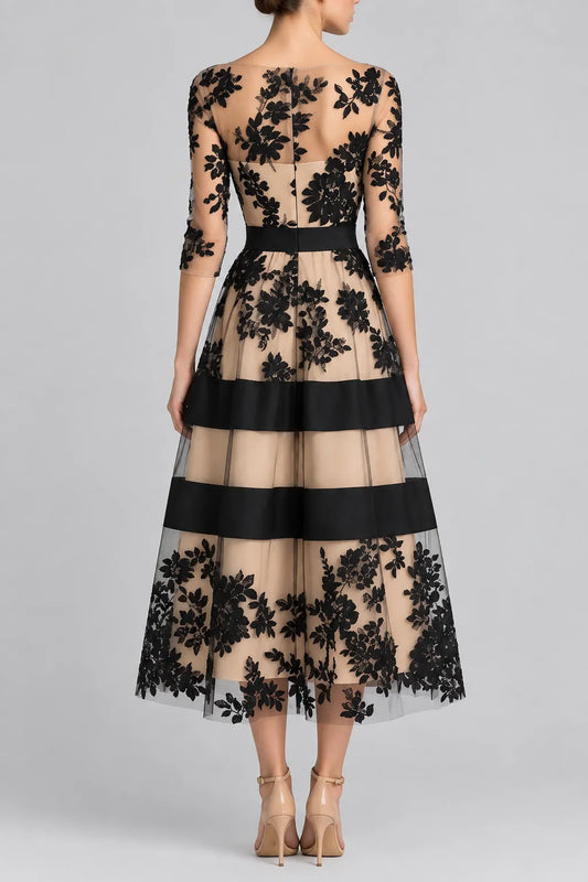 Black Floral Lace 3/4-Sleeve Midi Dress with Satin Band & Nude Lining