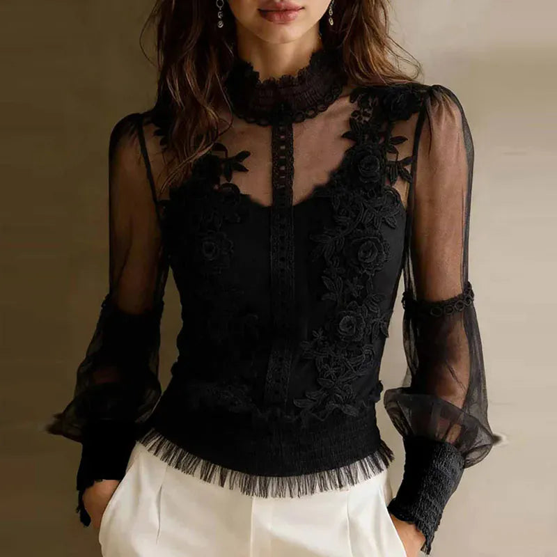 High-Neck Floral Lace-Mesh Ruffle-Hem Top