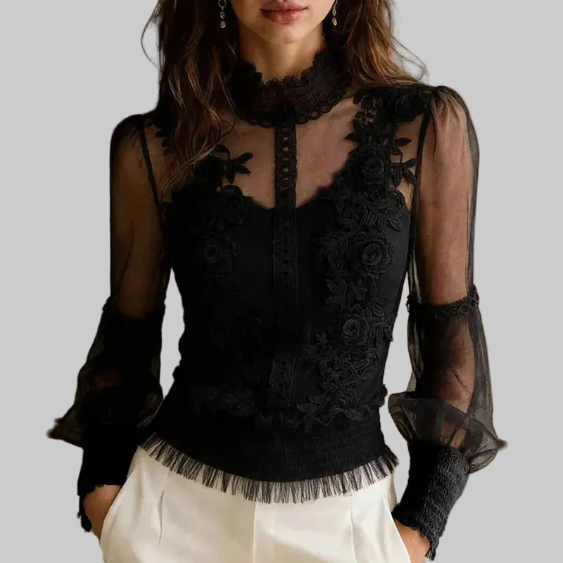 Floral Lace High-Neck Ruffle Blouse - Black / One Size