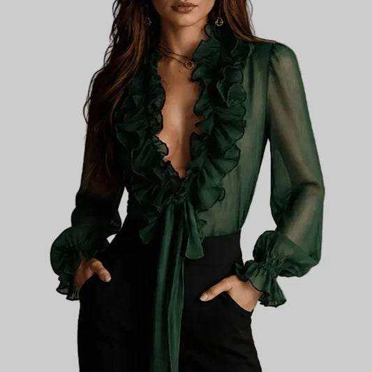 Sheer Ruffled Lace-Up Lantern-Sleeve Blouse The Nichole Collection
