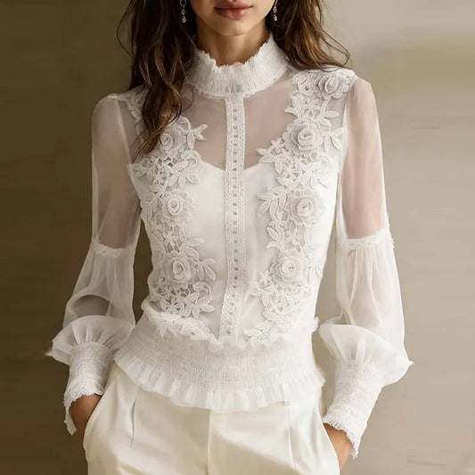 High-Neck Floral Lace-Mesh Ruffle-Hem Top