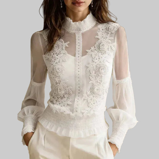 Floral Lace High-Neck Ruffle Blouse | The Nichole Collection