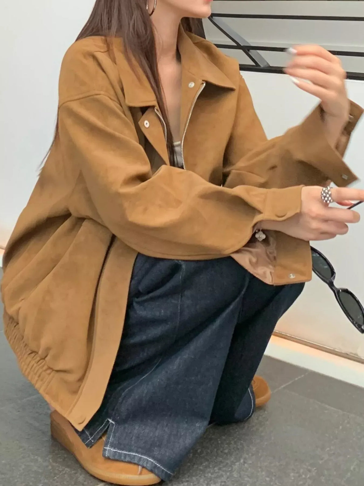 Zip-Up Elastic-Hem Sude Bomber Jacket The Nichole Collection