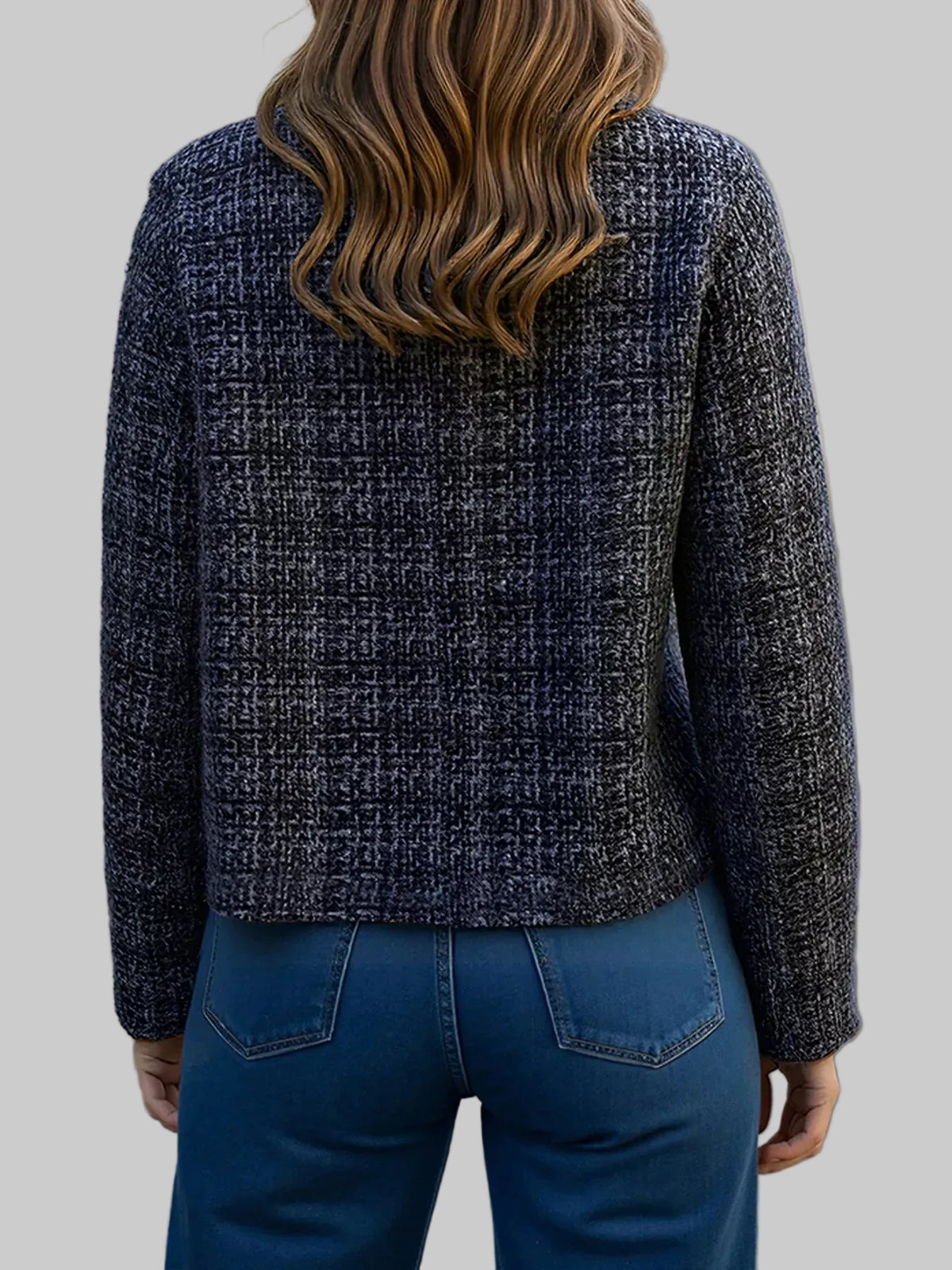 Tweed Metallic-Button Cropped Jacket - Navy Blue / M