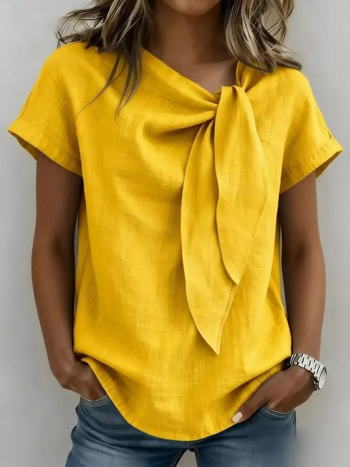Bow Tie Neck Short Sleeve Blouse | The Nichole Collection