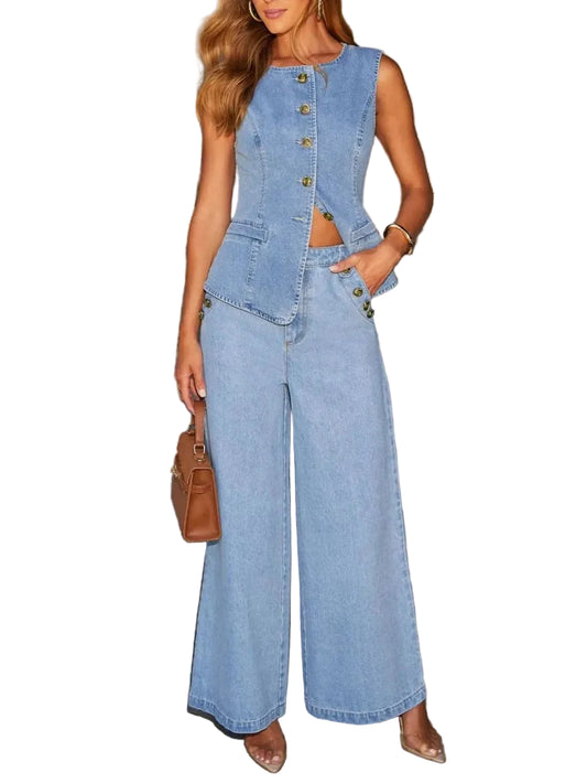 # 61 Denim Button Down Vest and Wide Leg Jeans Set - Last Call | The Nichole Collection