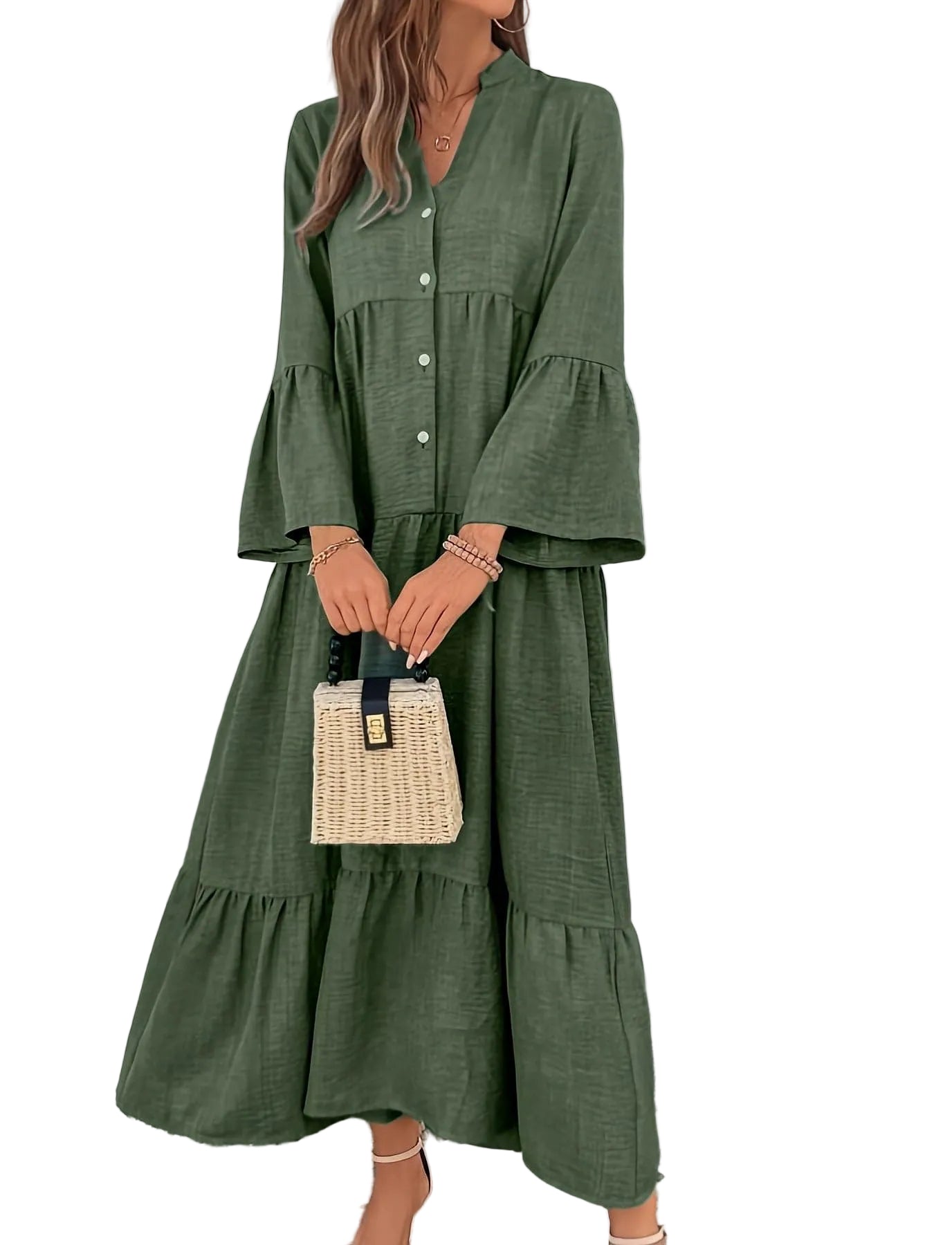 womens tiered midi dress Women's Cotton Button Front Tiered Midi Dress
