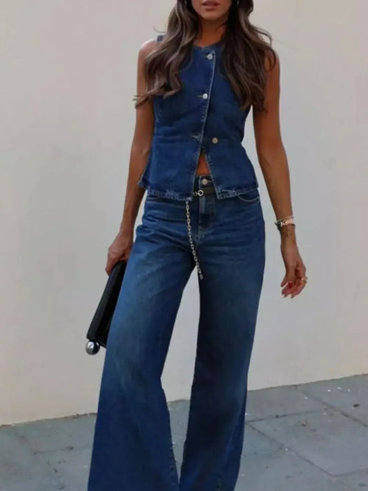 Button-Down Vest and Flare Jeans Two-Piece Denim Set - Last Call