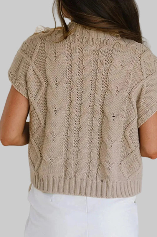 Cable-Knit Tied Mock Neck Short Sleeve Sweater | The Nichole Collection