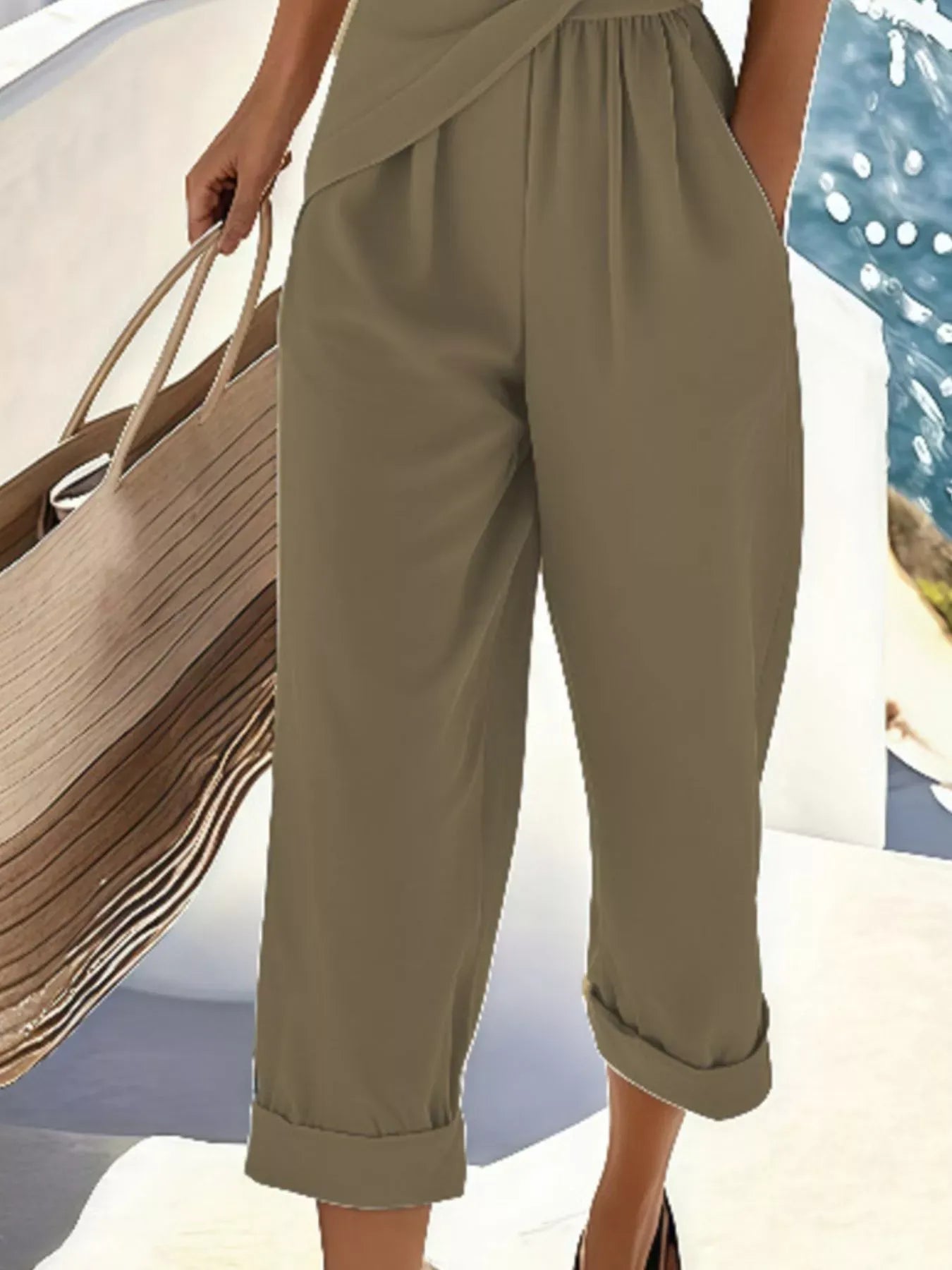 Coastal Wrap-Front Short Sleeve Top & Cropped Pants Set The Nichole Collection