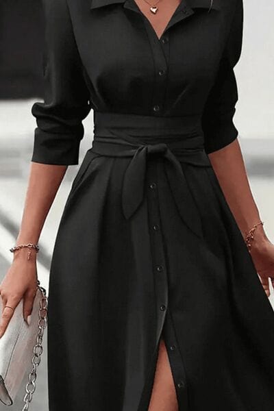 Collared Neck Long Sleeve Midi Shirt Dress Dresses The Nichole Collection