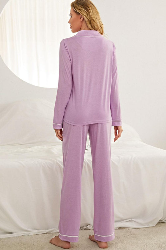 Contrast Piping Button Down Top and Pants Loungewear Set The Nichole Collection - Official Site