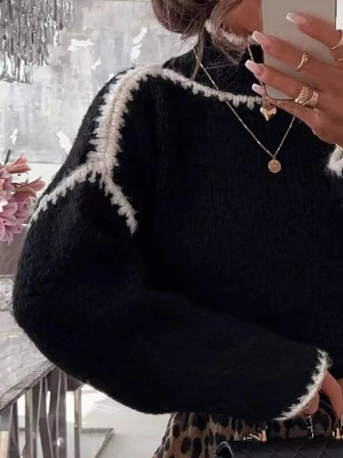 Contrast Trim Turtleneck Long Sleeve Sweater The Nichole Collection - Official Site