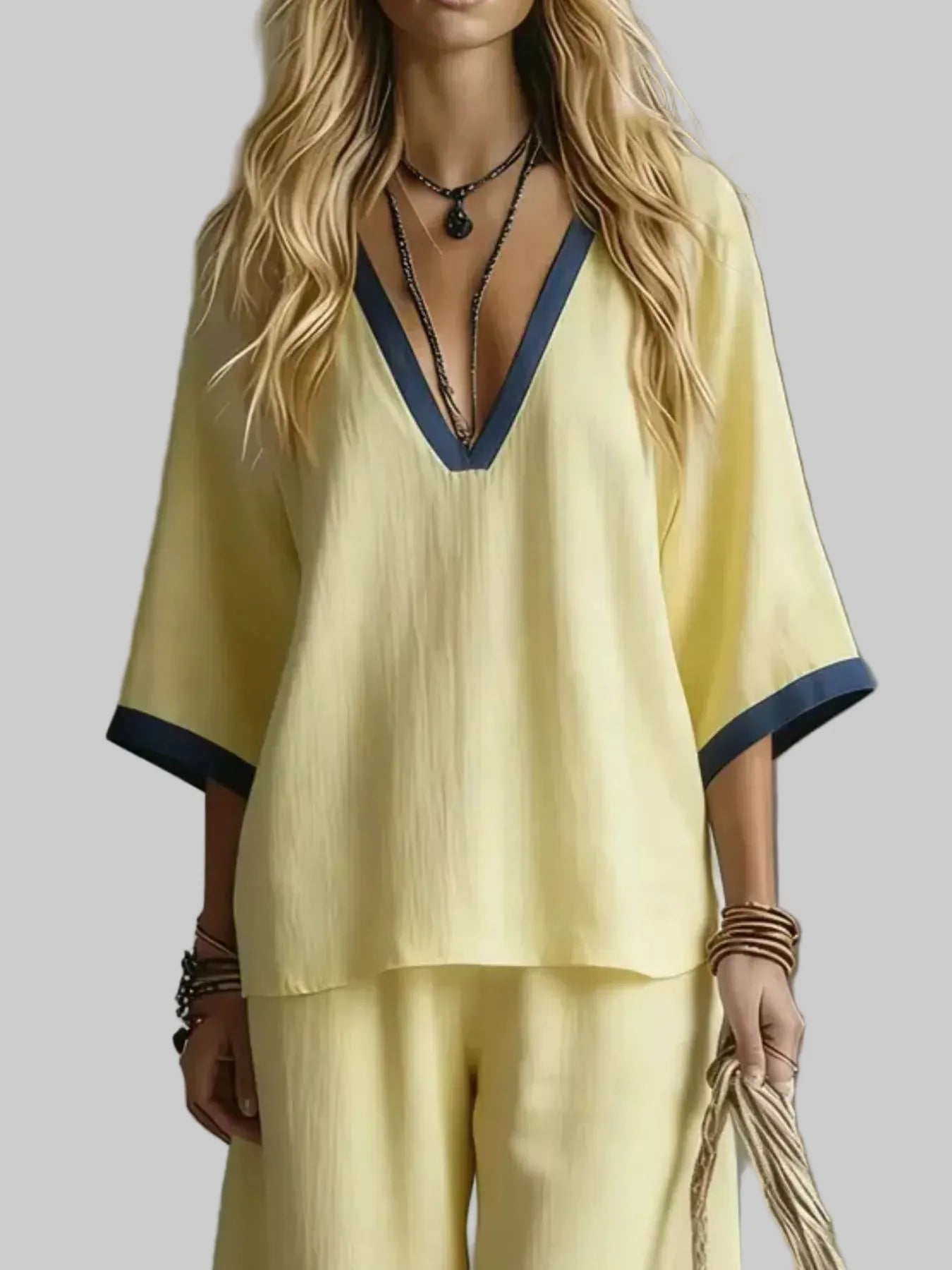 Contrast Trim V-Neck Top and Pants Set The Nichole Collection - Official Site