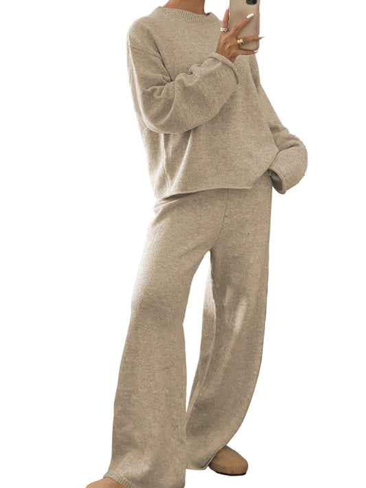 Cozy Luxe Knit Loungewear Ensemble – Contrast-Trim Oversized Sweater & Wide-Leg Pant Set The Nichole Collection - Official Site