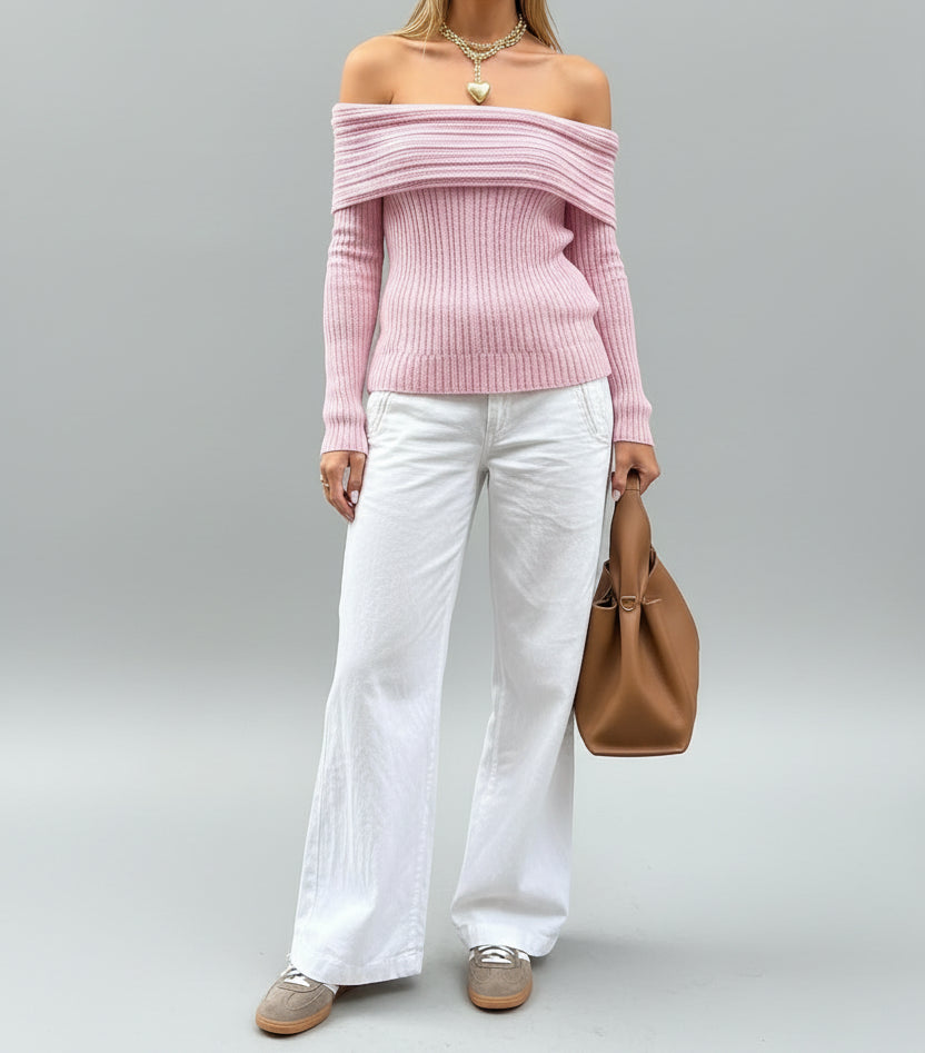 Cropped Off-Shoulder Ribbed Knit Sweater The Nichole Collection - Official Site