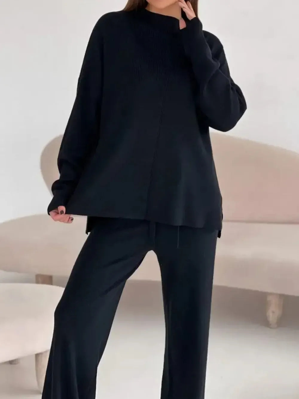 Mock Neck Slit Sweater Top & Pants Set | The Nichole Collection