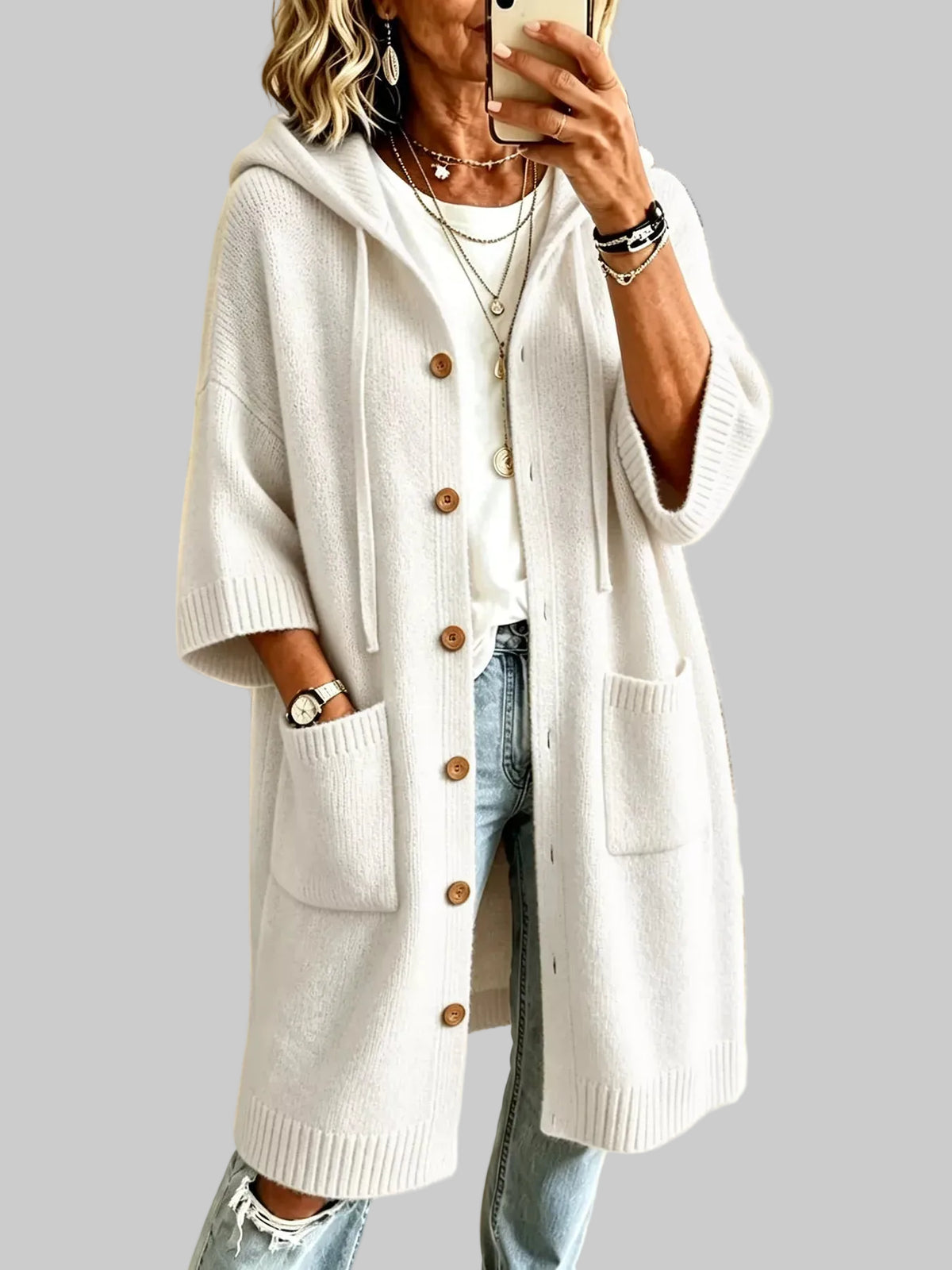 HOODED BUTTON-FRONT KNIT LONG CARDIGAN The Nichole Collection - Official Site