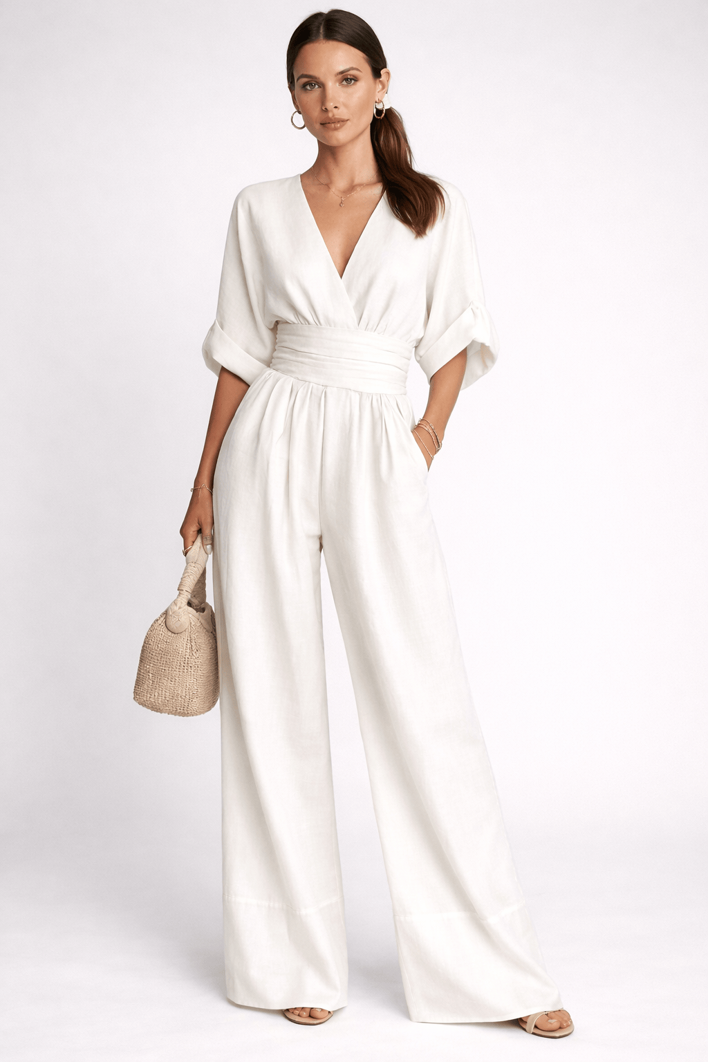 Deep V-Neck Wide Leg Jumpsuit – Elegant High-Waist Spring Romper – The  Nichole Collection