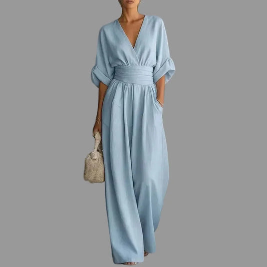 Deep V-Neck Wide Leg Jumpsuit – Elegant High-Waist Spring Romper Sky Blue / S The Nichole Collection