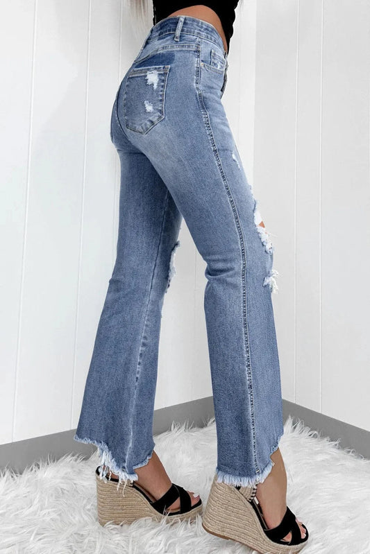 High-Waisted Distressed Bootcut Jeans with Raw Hem Jeans The Nichole Collection - Official Site