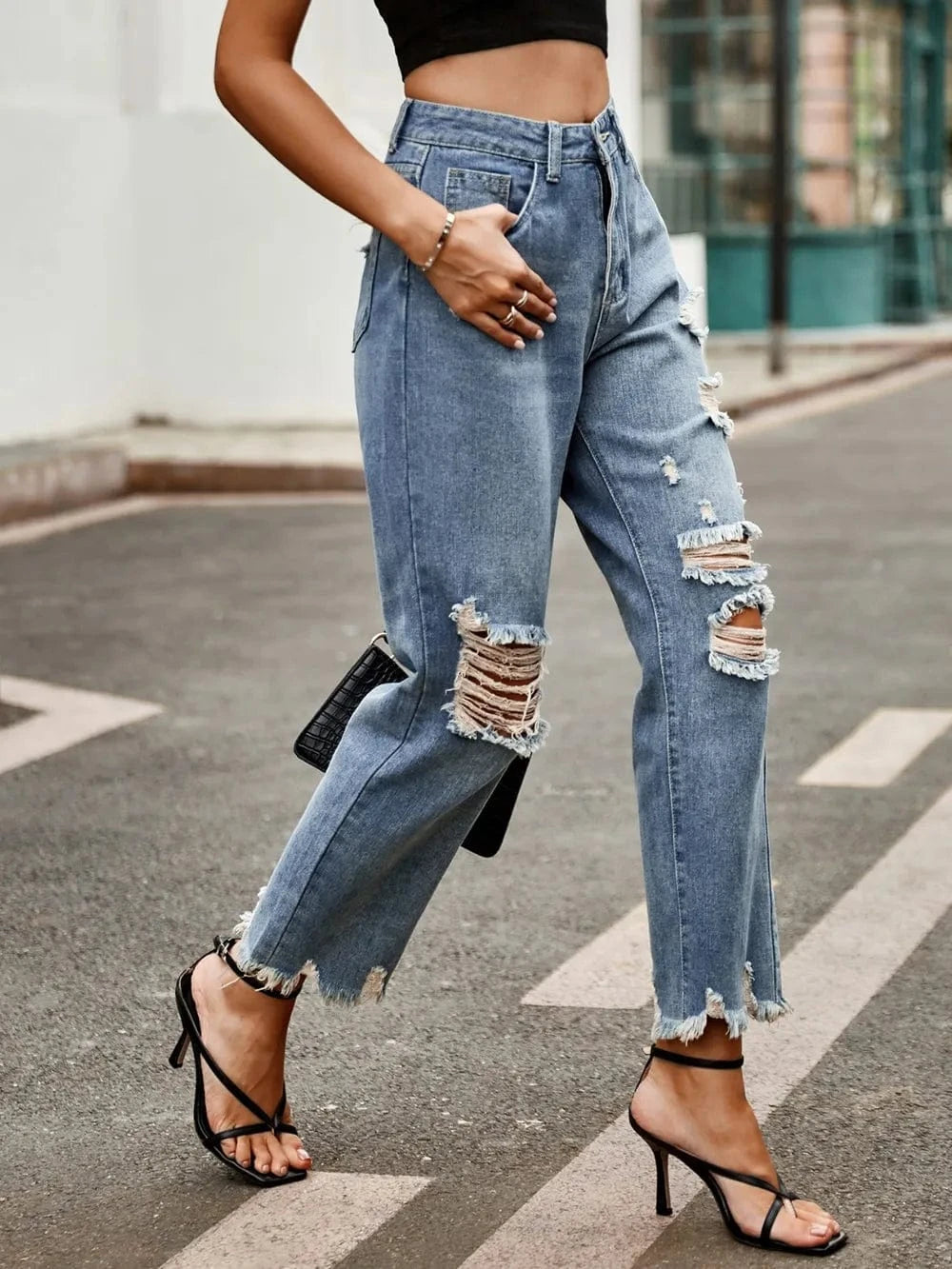 Distressed Raw Hem Jeans with Pockets The Nichole Collection