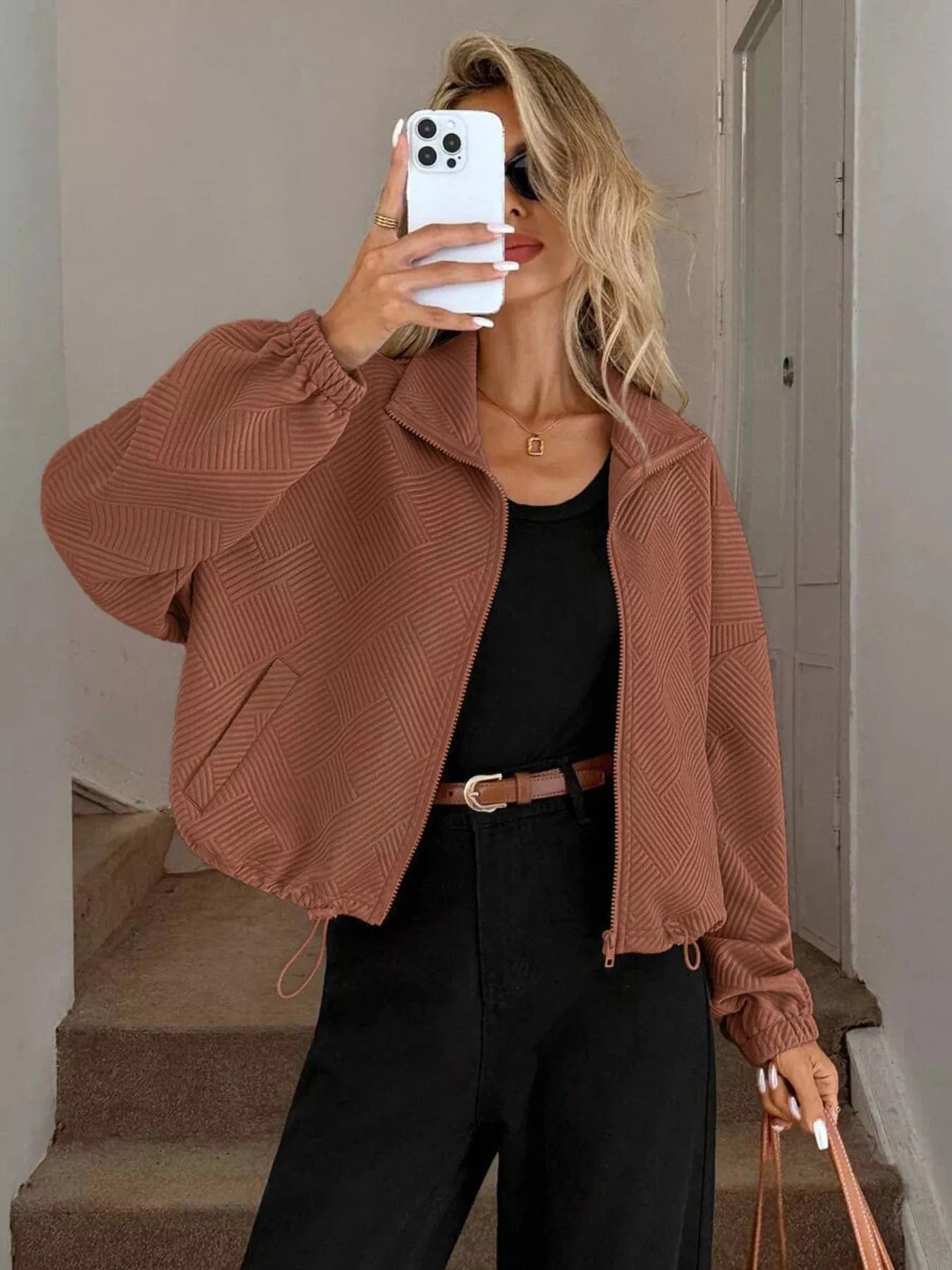 Drawstring Hem Textured Long Sleeve Jacket Caramel / S Jackets The Nichole Collection - Official Site