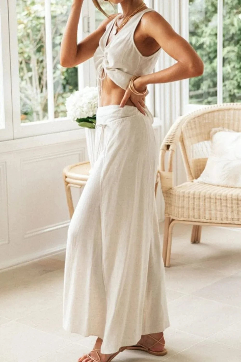 Drawstring V-Neck Tank and Pants Set The Nichole Collection