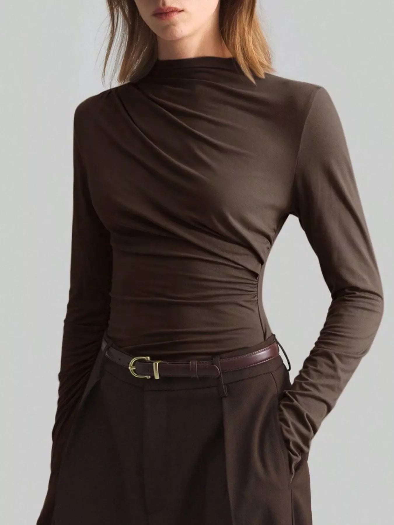 Elegant Drape Front Long Sleeve Top – Ruched Funnel Neck Top Espresso / S Shirts & Tops The Nichole Collection - Official Site