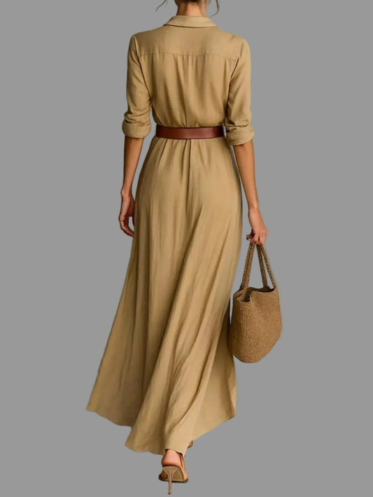 Elegant V-Neck Cotton Ruched Maxi Dress with Belt | The Nichole Collection
