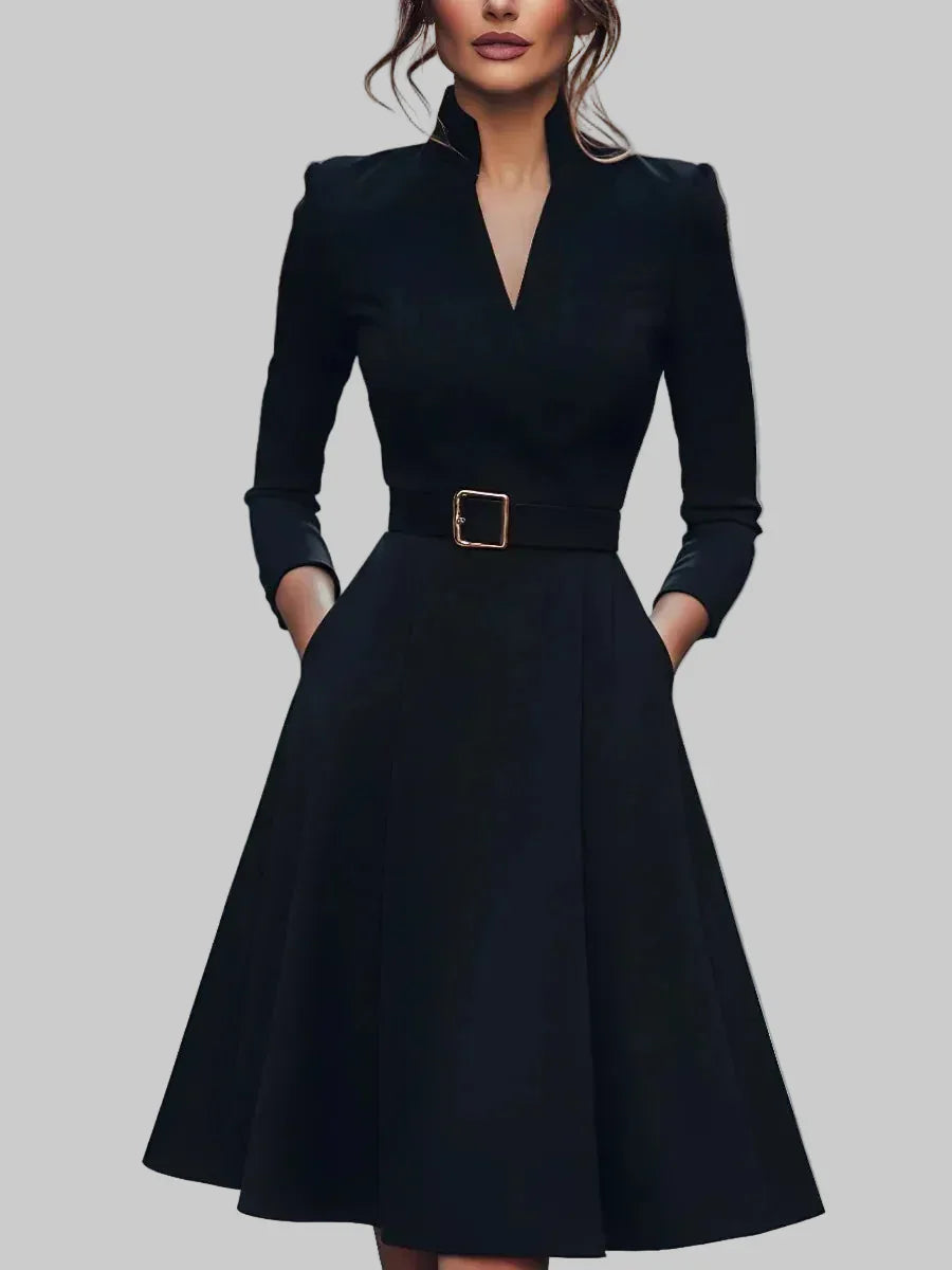 Elegant V-Neck Waist-Cinch Dress with Belt Black / S The Nichole Collection
