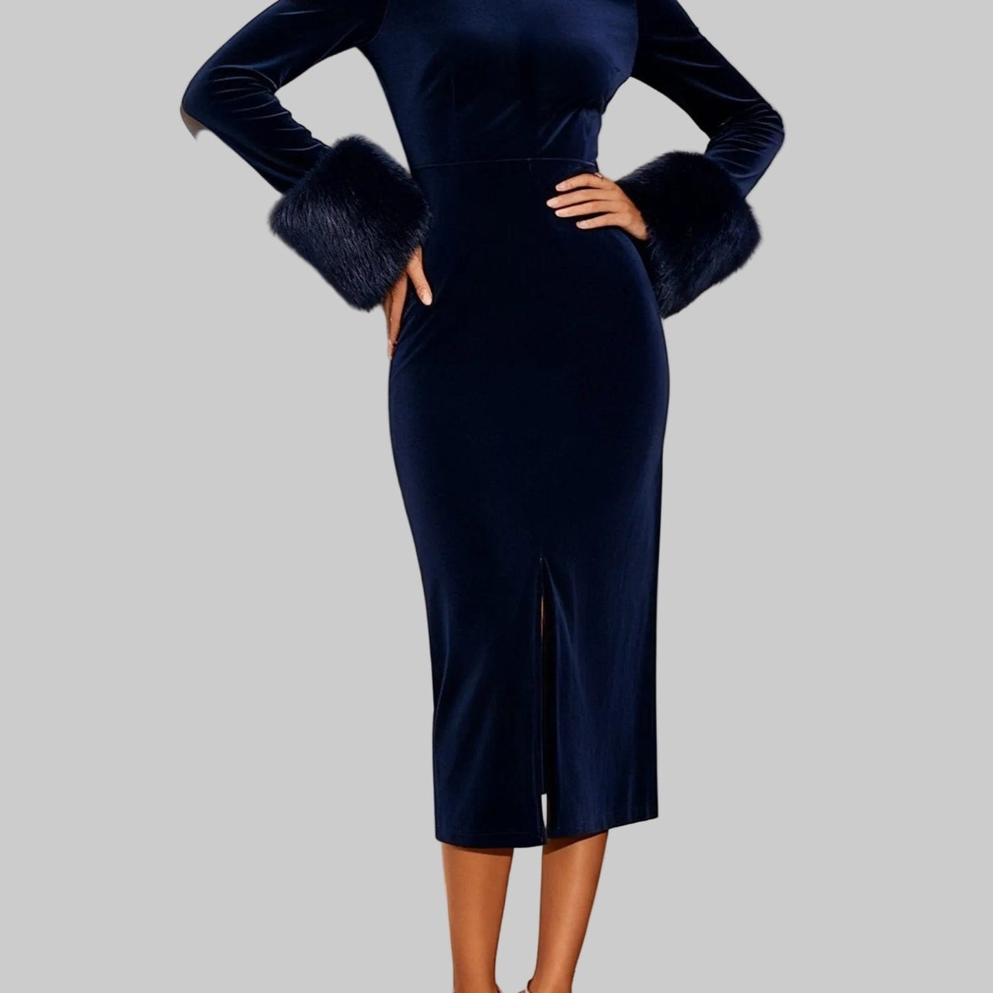 Elegant Velvet and Faux-Fur-Cuffs A-Line Dress Dresses The Nichole Collection - Official Site