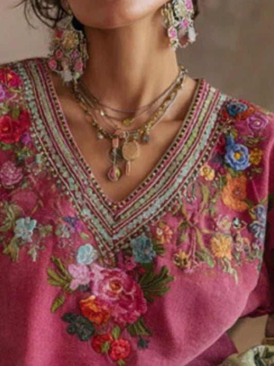 Embroidered Floral V-Neck Blouse The Nichole Collection