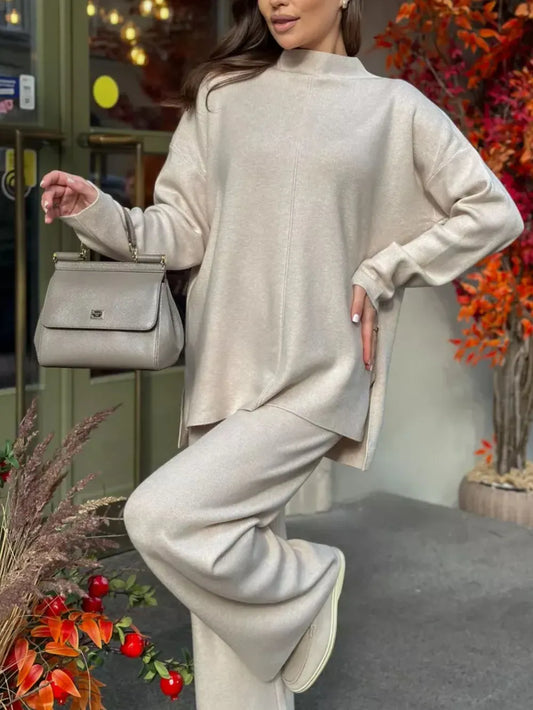Mock Neck Slit Sweater Top & Pants Set | The Nichole Collection