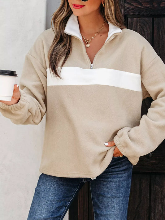 Fleece Colorblock Patchwork Zipped Neck Pullover Sweatshirt | The Nichole Collection