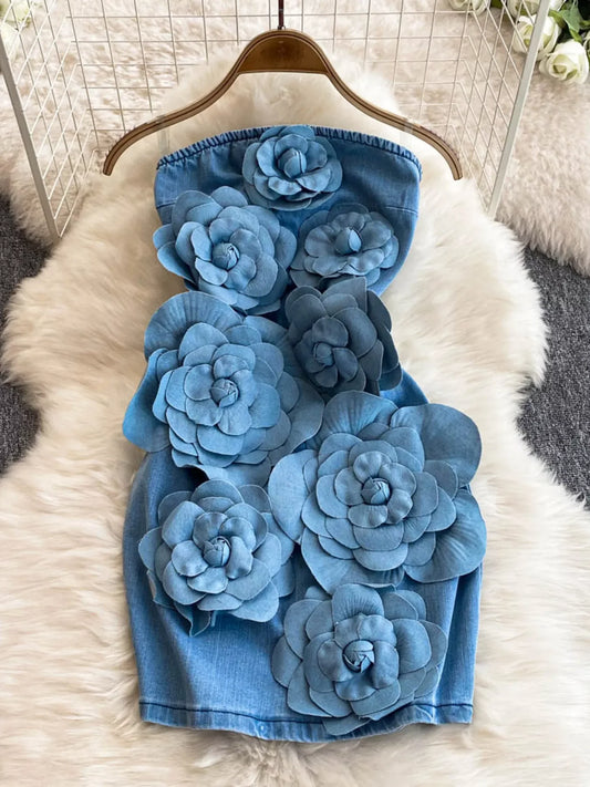 Floral Applique Strapless Denim Dress The Nichole Collection - Official Site