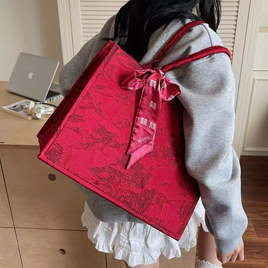 Floral Embossed Tote Handbag with Scarf Accent Scarlet / ONESIZE The Nichole Collection - Official Site